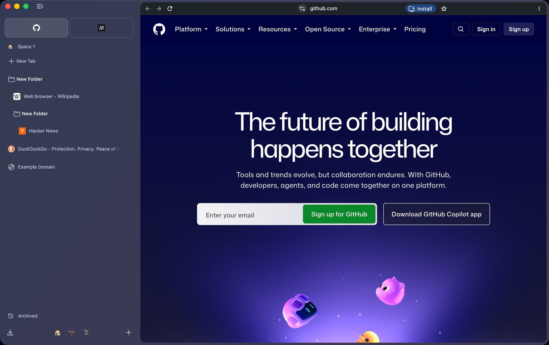 The Stedding window in dark mode. On the left, the sidebar: an essentials row with GitHub and MDN, Space 1, a New Tab row, nested folders holding Wikipedia and Hacker News, and tabs for DuckDuckGo and Example Domain. On the right, github.com on a floating card, its address centred in the top row.