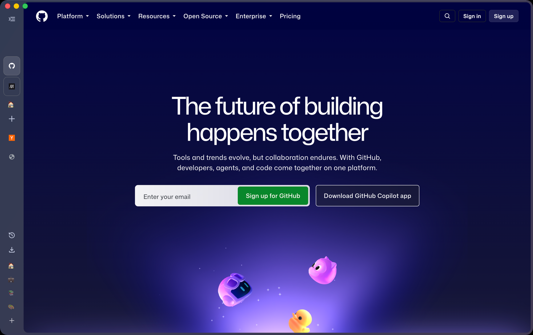 The sidebar collapsed to a narrow rail of icons along the left edge, the address row hidden, and github.com filling the rest of the window.